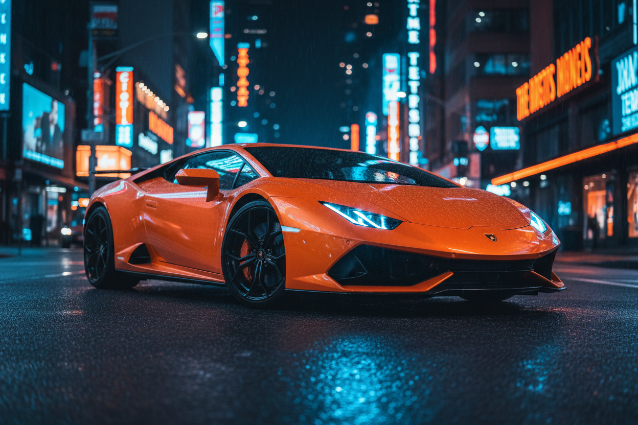 orange lamborghini at night